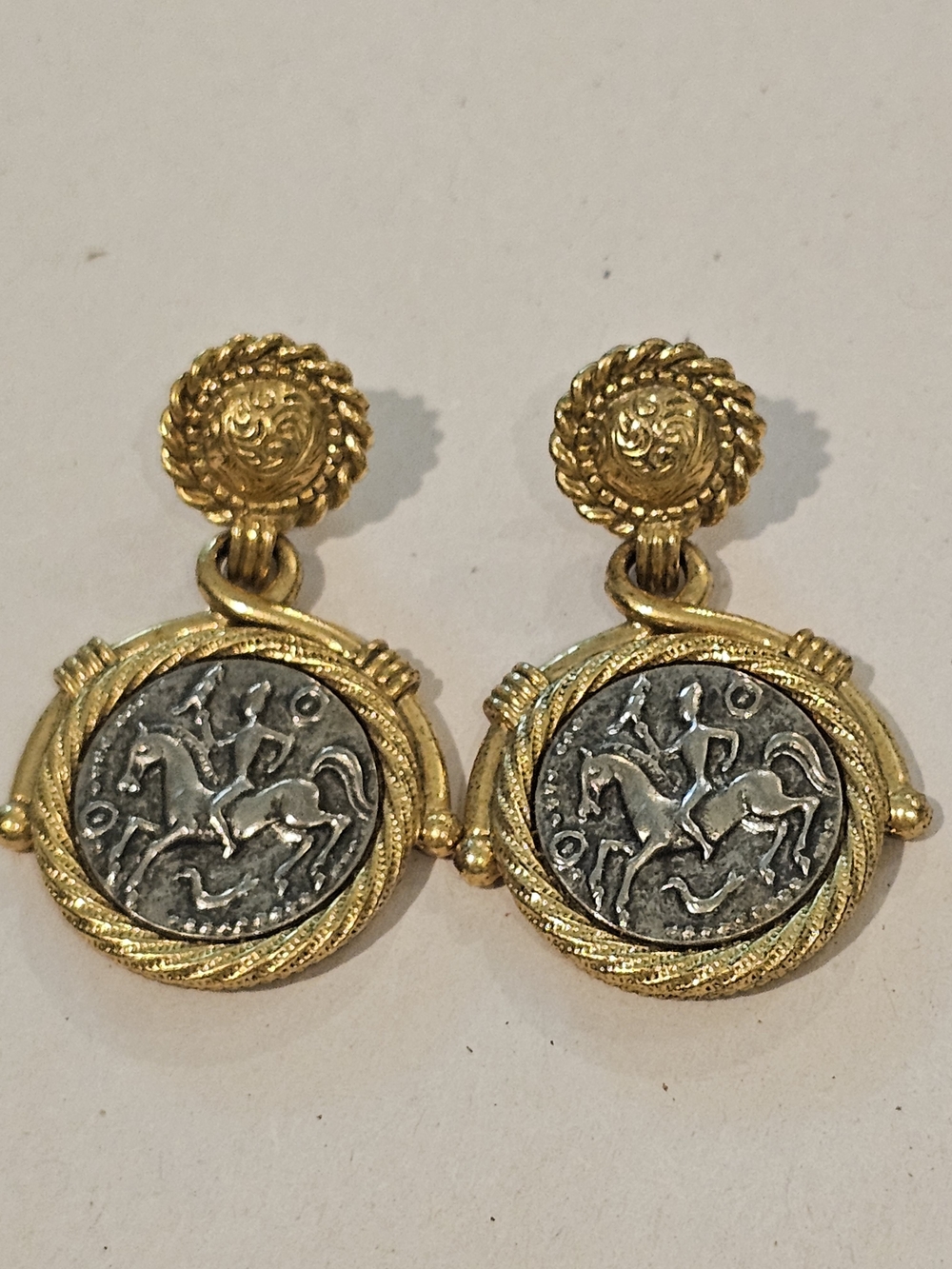Vintage Gold and Silver Two-Tone Coin Drop Earrings